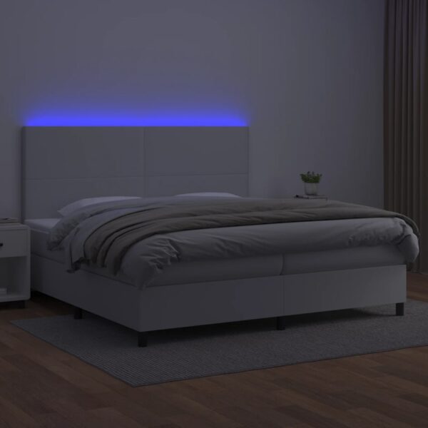 Łóżko kontynentalne z materacem i LED, biała ekoskóra 200x200cm - obrazek 4