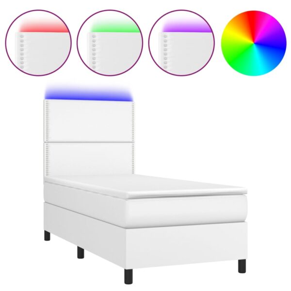 Łóżko kontynentalne z materacem i LED, biała ekoskóra 90x190 cm - obrazek 2