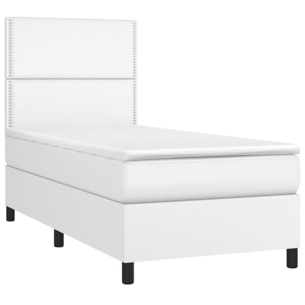 Łóżko kontynentalne z materacem i LED, biała ekoskóra 90x190 cm - obrazek 3