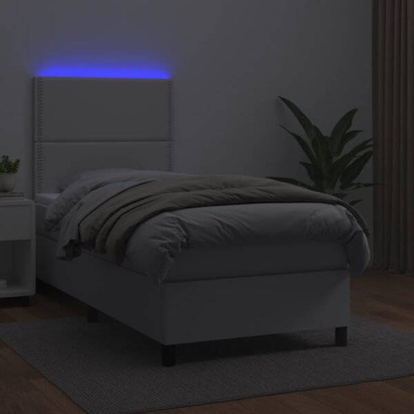 Łóżko kontynentalne z materacem i LED, biała ekoskóra 90x190 cm - obrazek 4