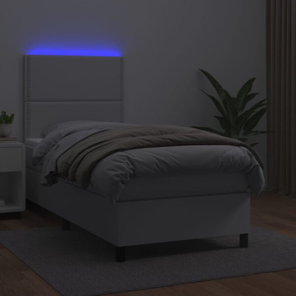 Łóżko kontynentalne z materacem i LED, biała ekoskóra 100x200cm - obrazek 4