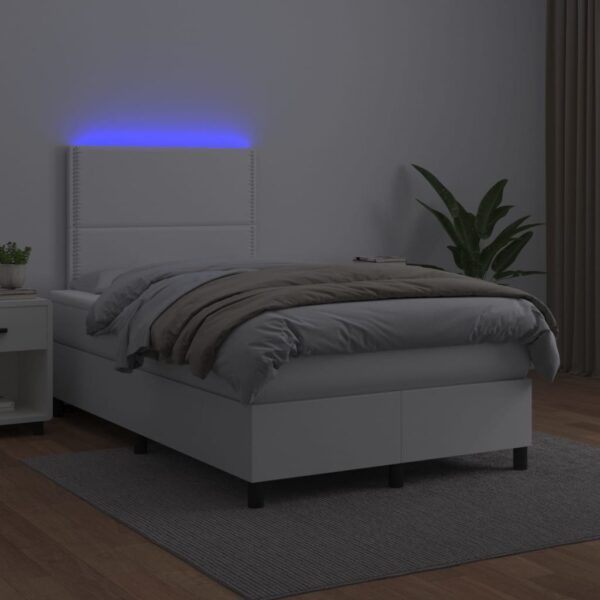Łóżko kontynentalne z materacem i LED, biała ekoskóra 120x200cm - obrazek 4