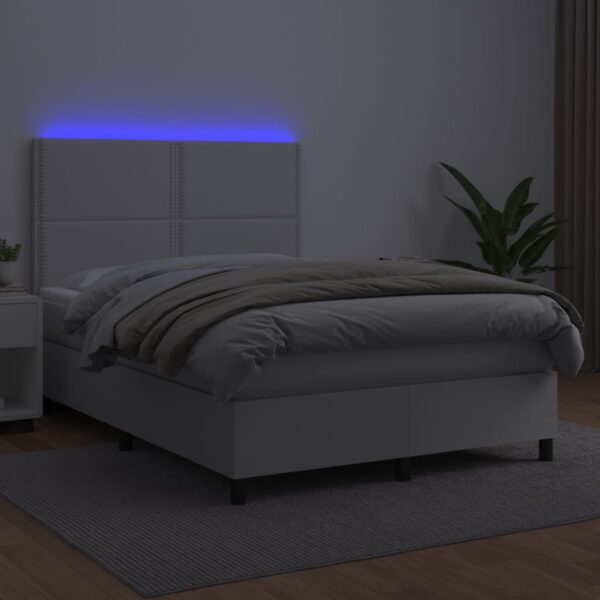 Łóżko kontynentalne z materacem i LED, biała ekoskóra 140x190cm - obrazek 4