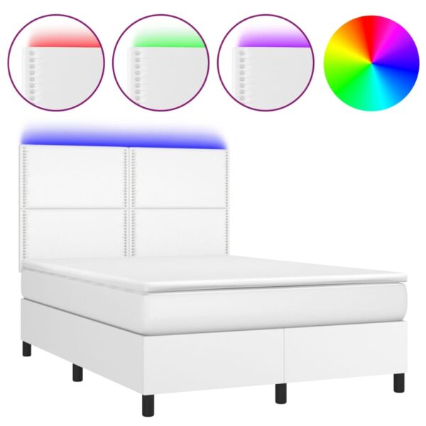 Łóżko kontynentalne z materacem i LED, biała ekoskóra 140x200cm - obrazek 2