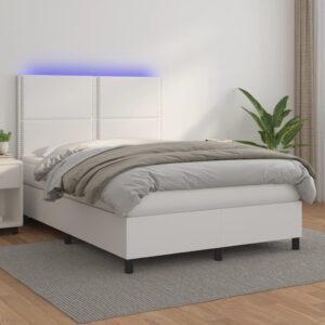 Łóżko kontynentalne z materacem i LED, biała ekoskóra 140x200cm