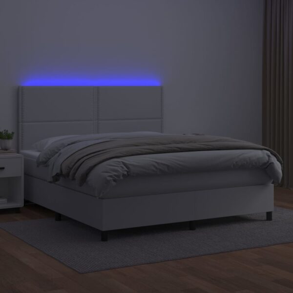 Łóżko kontynentalne z materacem i LED, biała ekoskóra 160x200cm - obrazek 4