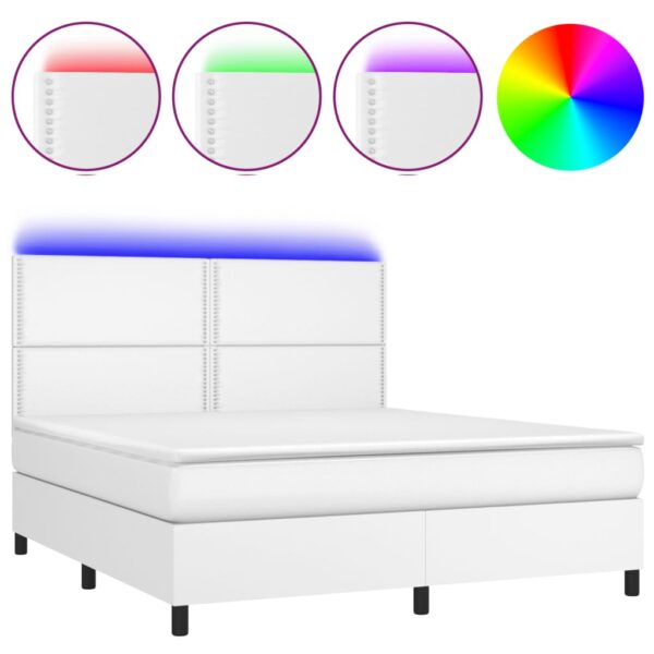 Łóżko kontynentalne z materacem i LED, biała ekoskóra 180x200cm - obrazek 2