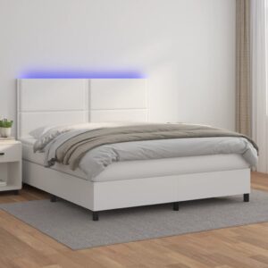 Łóżko kontynentalne z materacem i LED, biała ekoskóra 180x200cm
