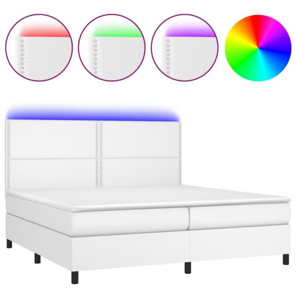 Łóżko kontynentalne z materacem i LED, biała ekoskóra 200x200cm - obrazek 2