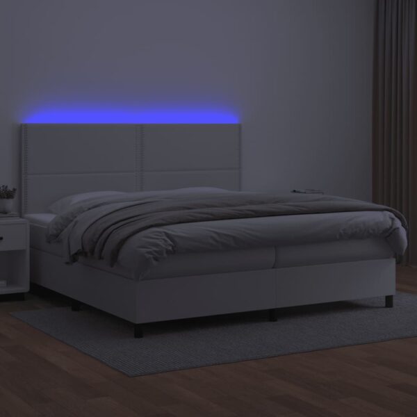 Łóżko kontynentalne z materacem i LED, biała ekoskóra 200x200cm - obrazek 4