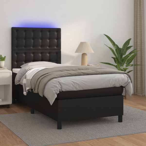 Łóżko kontynentalne z materacem i LED czarna ekoskóra 80x200 cm