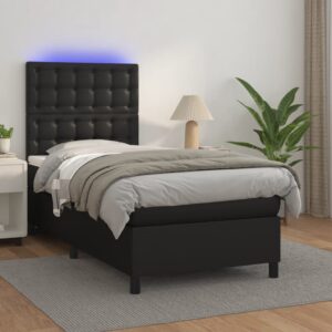 Łóżko kontynentalne z materacem i LED czarna ekoskóra 90x190 cm