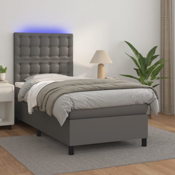 Łóżko kontynentalne z materacem i LED, szara ekoskóra 100x200cm