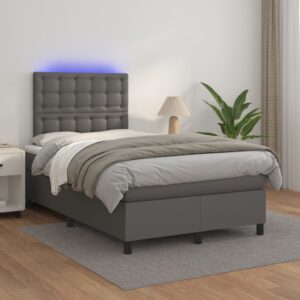 Łóżko kontynentalne z materacem i LED, szara ekoskóra 120x200cm