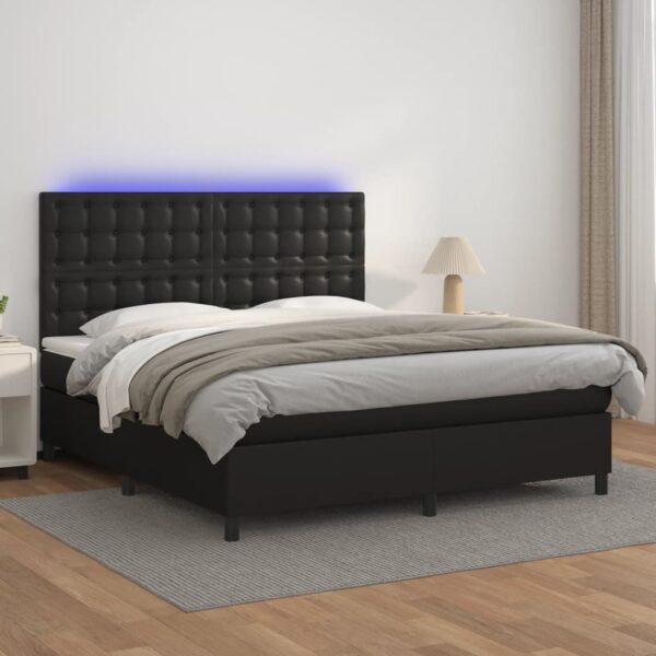 Łóżko kontynentalne z materacem i LED czarna ekoskóra 180x200cm