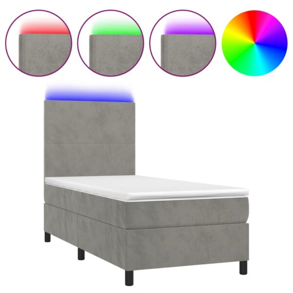 Łóżko kontynentalne z materacem i LED, szare 100x200cm, aksamit - obrazek 2