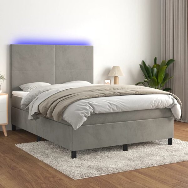 Łóżko kontynentalne z materacem i LED, szare 140x200cm, aksamit