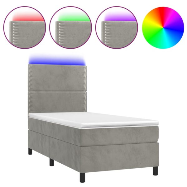 Łóżko kontynentalne z materacem i LED, szare 100x200cm, aksamit - obrazek 2