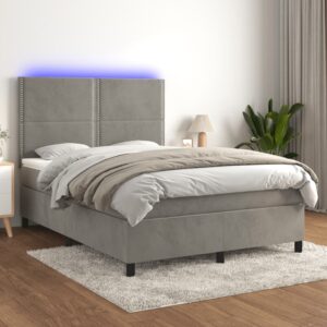 Łóżko kontynentalne z materacem i LED, szare 140x200cm, aksamit