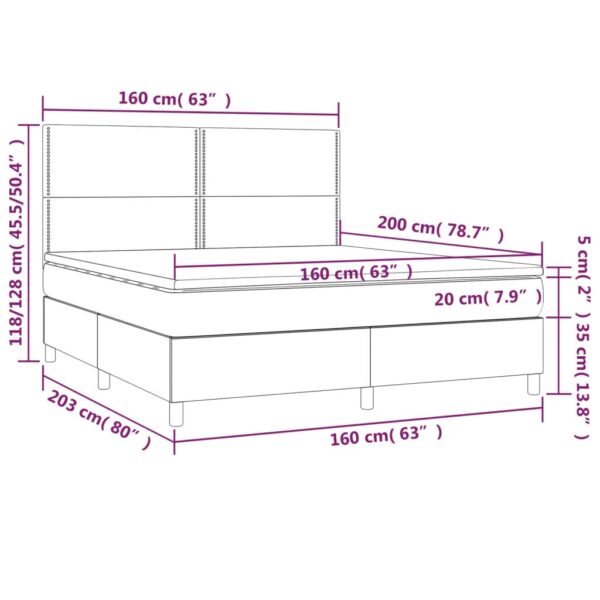 Łóżko kontynentalne z materacem i LED, szare 160x200cm, aksamit - obrazek 8
