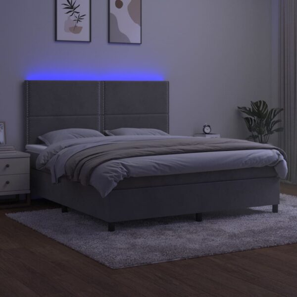 Łóżko kontynentalne z materacem i LED, szare 180x200cm, aksamit - obrazek 4