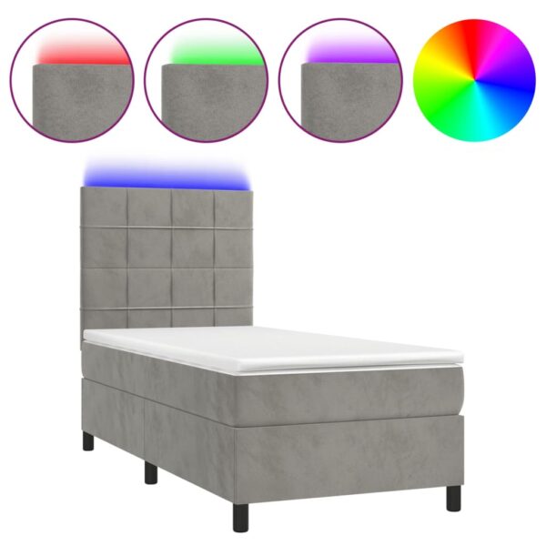 Łóżko kontynentalne z materacem i LED, szare 100x200cm, aksamit - obrazek 2