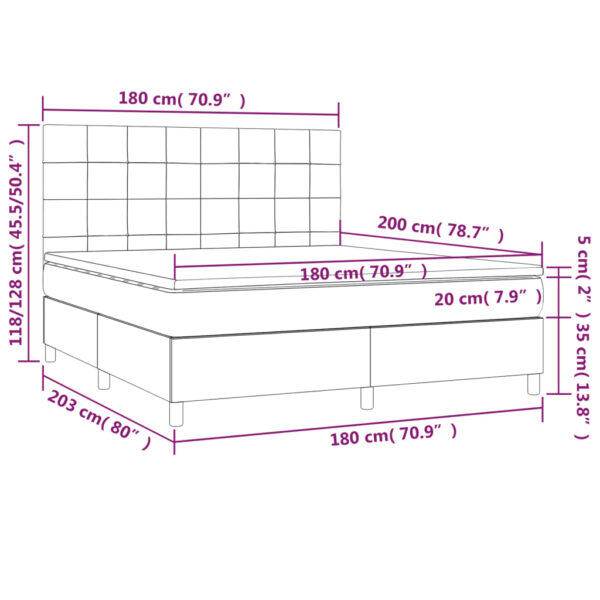 Łóżko kontynentalne z materacem i LED, szare 180x200cm, aksamit - obrazek 8