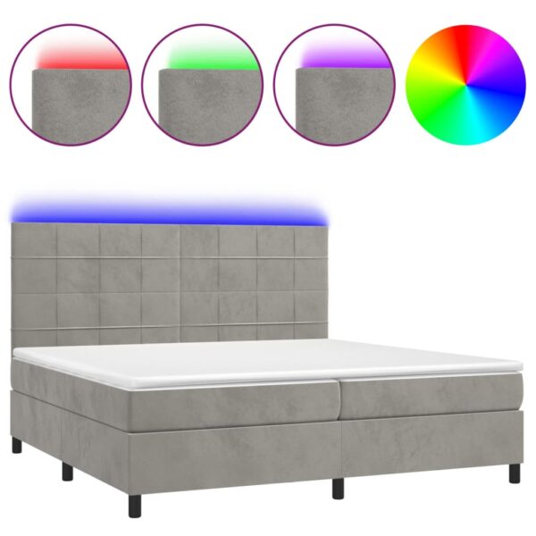 Łóżko kontynentalne z materacem i LED, szare 200x200cm, aksamit - obrazek 2