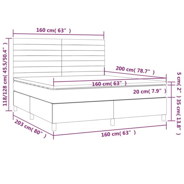 Łóżko kontynentalne z materacem i LED, szare 160x200cm, aksamit - obrazek 8