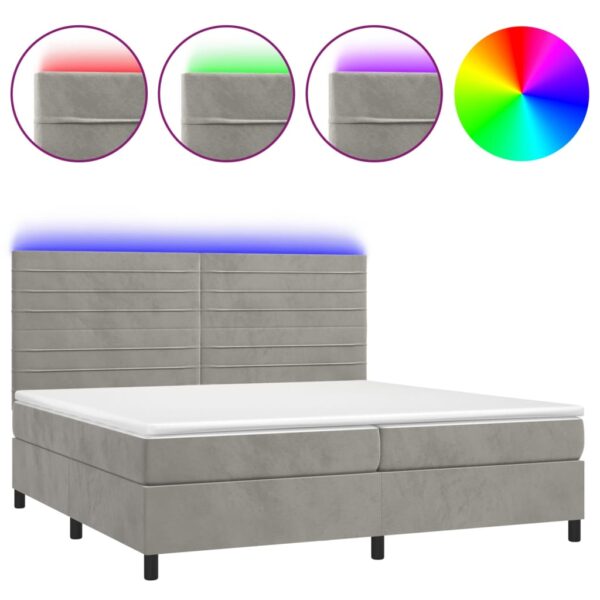 Łóżko kontynentalne z materacem i LED, szare 200x200cm, aksamit - obrazek 2