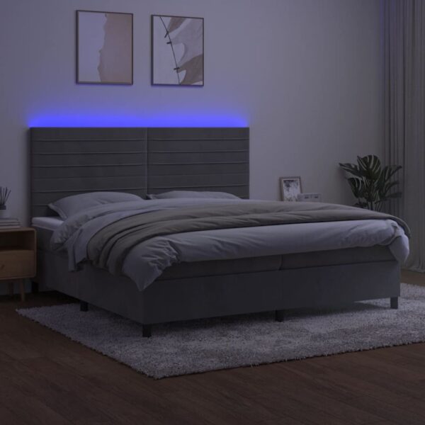 Łóżko kontynentalne z materacem i LED, szare 200x200cm, aksamit - obrazek 4