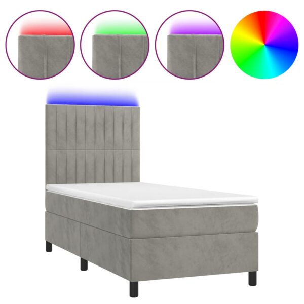 Łóżko kontynentalne z materacem i LED, szare 100x200cm, aksamit - obrazek 2