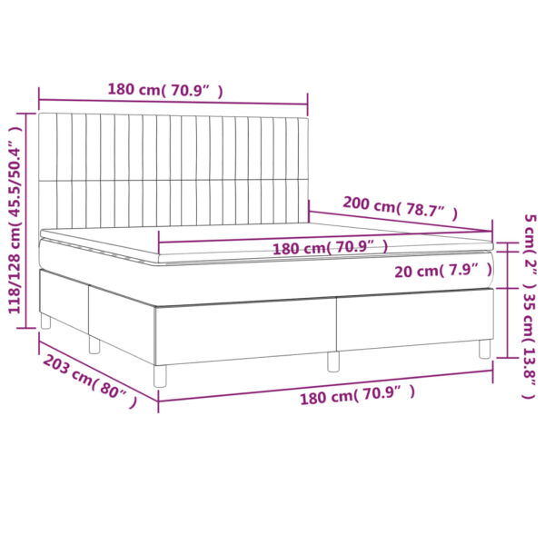 Łóżko kontynentalne z materacem i LED, szare 180x200cm, aksamit - obrazek 8