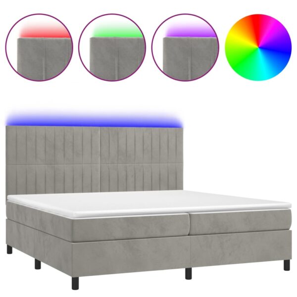 Łóżko kontynentalne z materacem i LED, szare 200x200cm, aksamit - obrazek 2