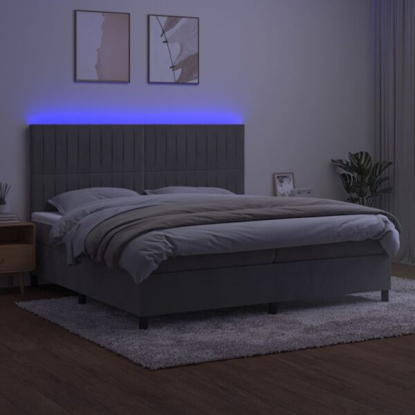 Łóżko kontynentalne z materacem i LED, szare 200x200cm, aksamit - obrazek 4