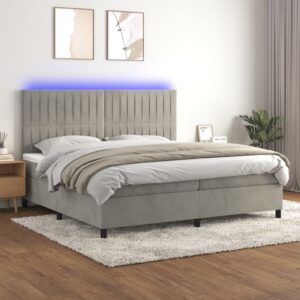 Łóżko kontynentalne z materacem i LED, szare 200x200cm, aksamit