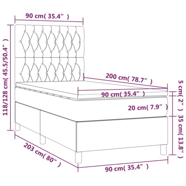 Łóżko kontynentalne z materacem i LED, szare 90x200 cm, aksamit - obrazek 8