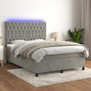 Łóżko kontynentalne z materacem i LED, szare 140x200cm, aksamit