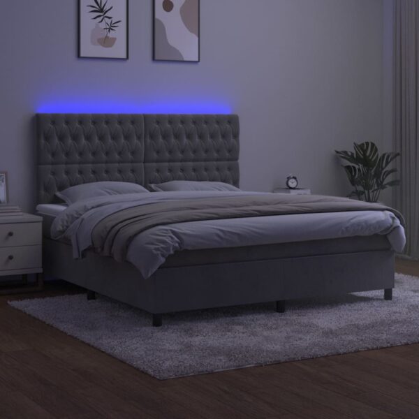Łóżko kontynentalne z materacem i LED, szare 180x200cm, aksamit - obrazek 4