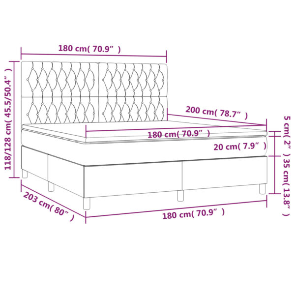 Łóżko kontynentalne z materacem i LED, szare 180x200cm, aksamit - obrazek 8