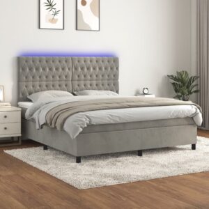 Łóżko kontynentalne z materacem i LED, szare 180x200cm, aksamit