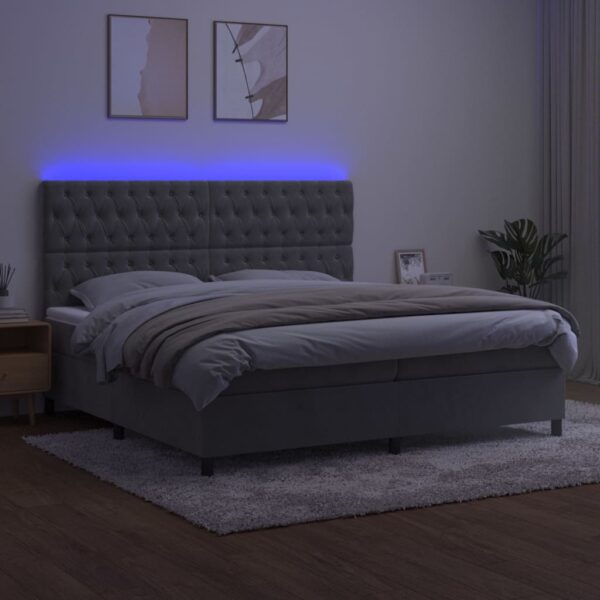 Łóżko kontynentalne z materacem i LED, szare 200x200cm, aksamit - obrazek 4