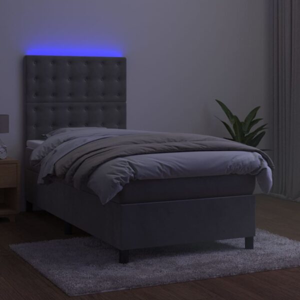 Łóżko kontynentalne z materacem i LED, szare 90x190 cm, aksamit - obrazek 4