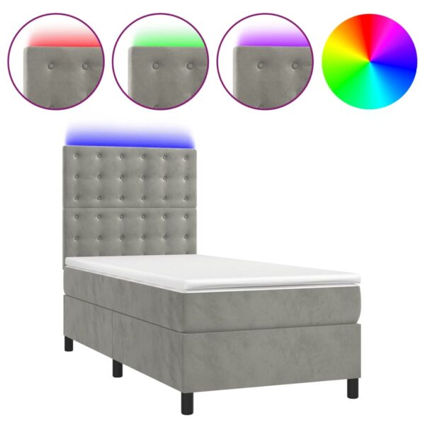 Łóżko kontynentalne z materacem i LED, szare 100x200cm, aksamit - obrazek 2