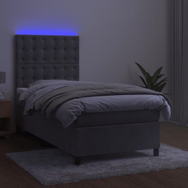 Łóżko kontynentalne z materacem i LED, szare 100x200cm, aksamit - obrazek 4