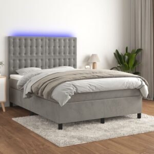 Łóżko kontynentalne z materacem i LED, szare 140x200cm, aksamit