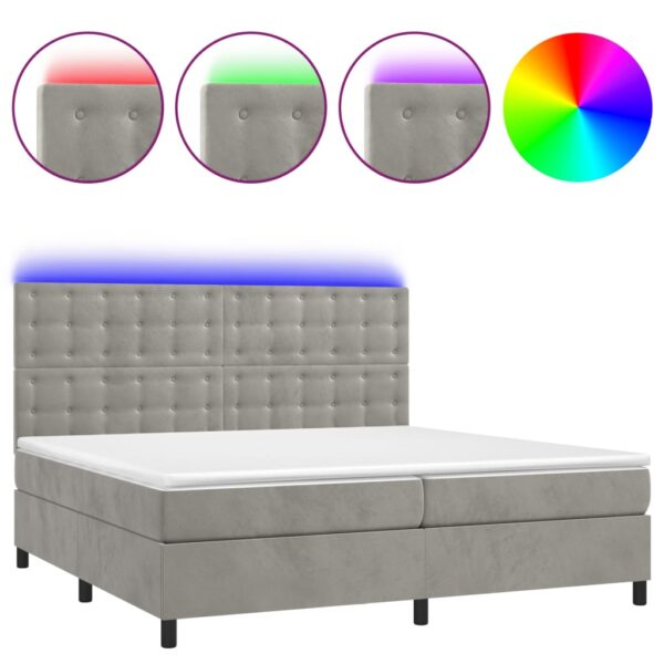 Łóżko kontynentalne z materacem i LED, szare 200x200cm, aksamit - obrazek 2