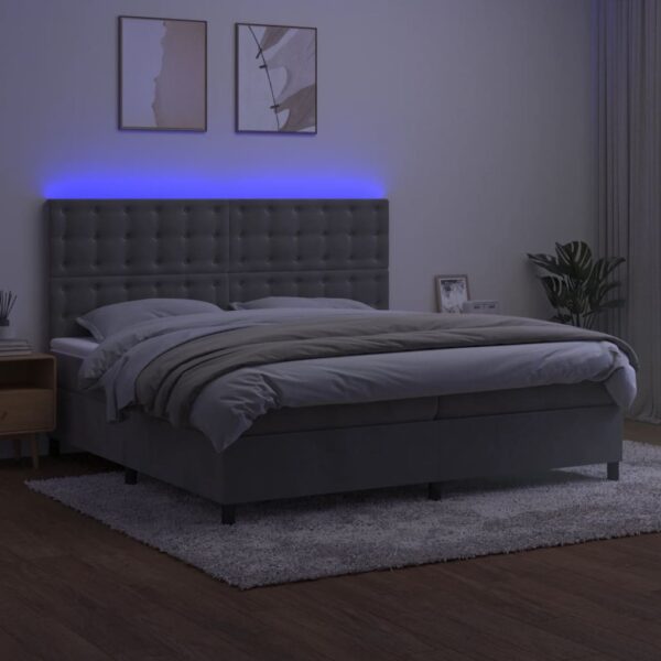 Łóżko kontynentalne z materacem i LED, szare 200x200cm, aksamit - obrazek 4